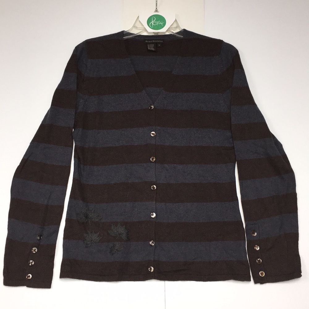 Softest Blue+Brown Cardigan w/Maple Leaf Appliqué